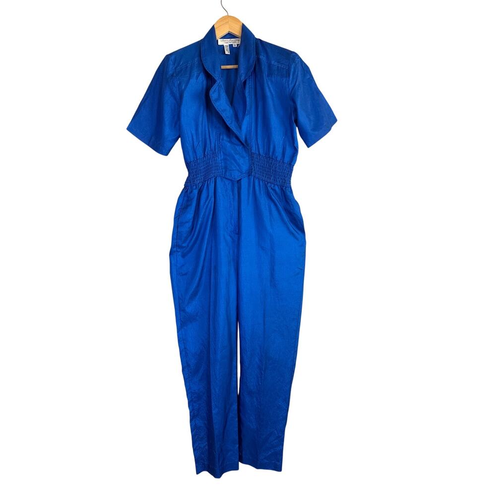 80s Retro Glam Short Sleeve Jumpsuit Vintage Collared Cobalt Royal Blue Small